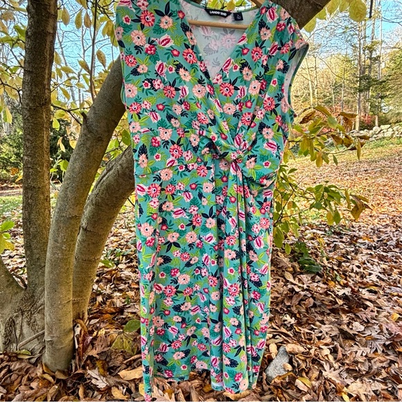 Lands' End Dresses & Skirts - Lands' End Womens Faux Wrap Dress Cotton Stretch Summer Vacation Hawaii Floral L
